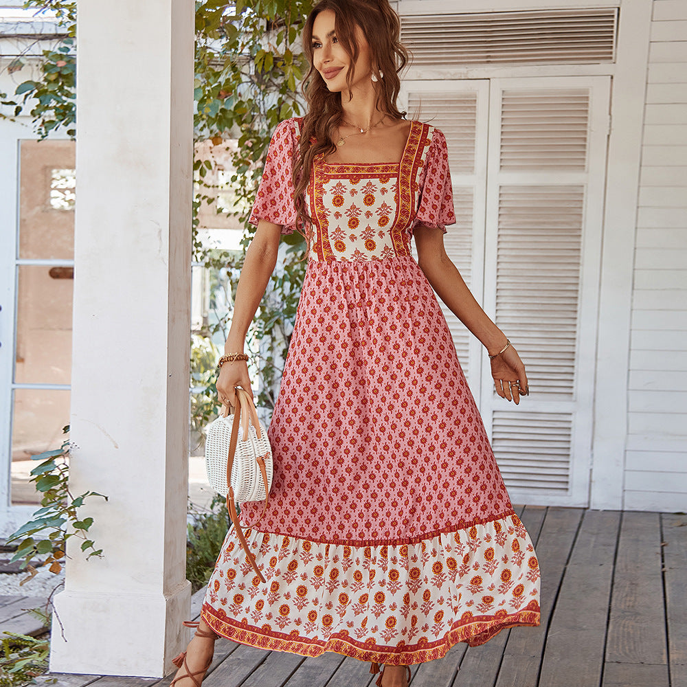 French Print Vacation Style Square Collar Dress