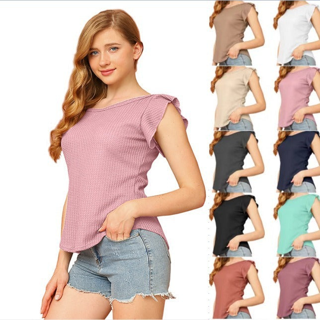 Fashion Summer Round Neck Ruffled Sweet Style Short Sleeve