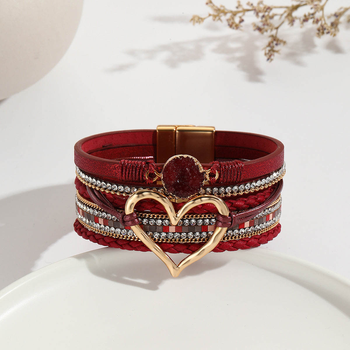 Leather Cord Bracelet Bohemian Multi-layer Rough Stone Love Jewelry For Girls