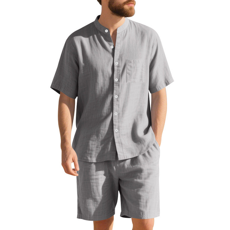 American Linen Suit Men Summer Two Piece Suit With Henry Collar Beach