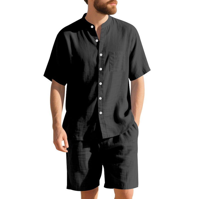 American Linen Suit Men Summer Two Piece Suit With Henry Collar Beach
