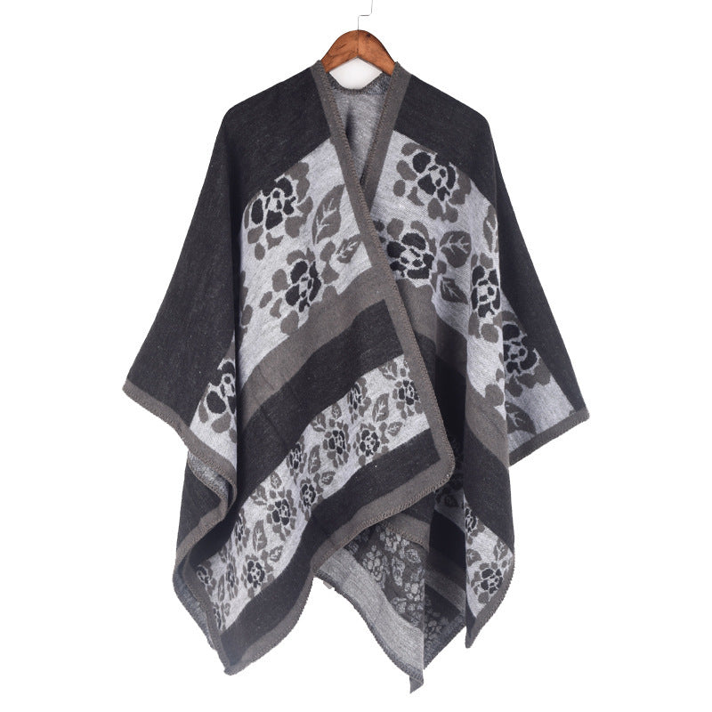 Autumn And Winter Women's Jacquard Split Shawl Flower Cloak