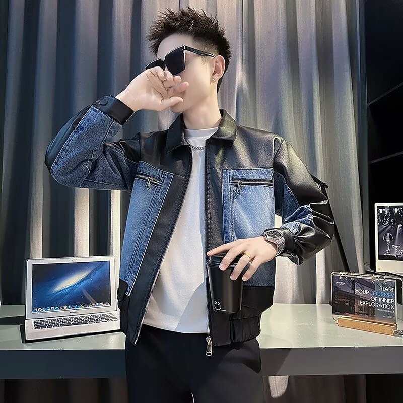 Высококачественное пальто из искусственной кожи с прошивкой, джинсовое пальто с перекрестными швами