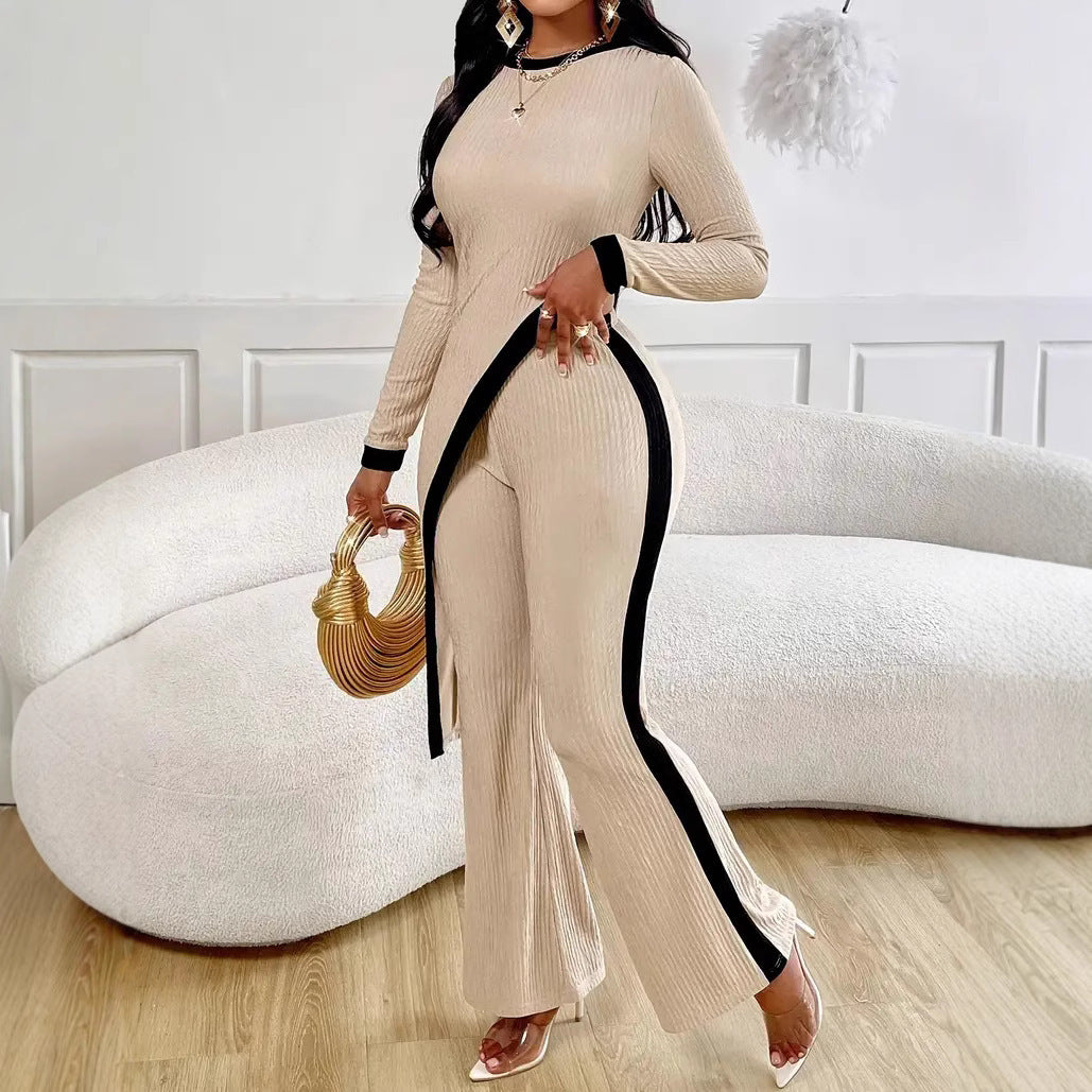Women's Fashion Long Sleeve Side Slit T-shirt Trousers Suit